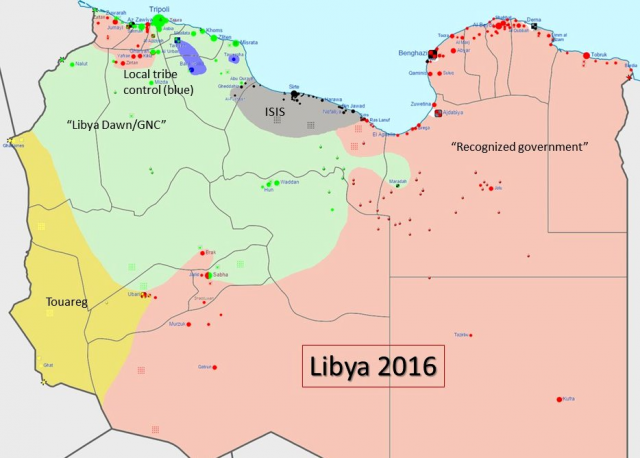 Политическая карта Ливии по состоянию на 2016 год