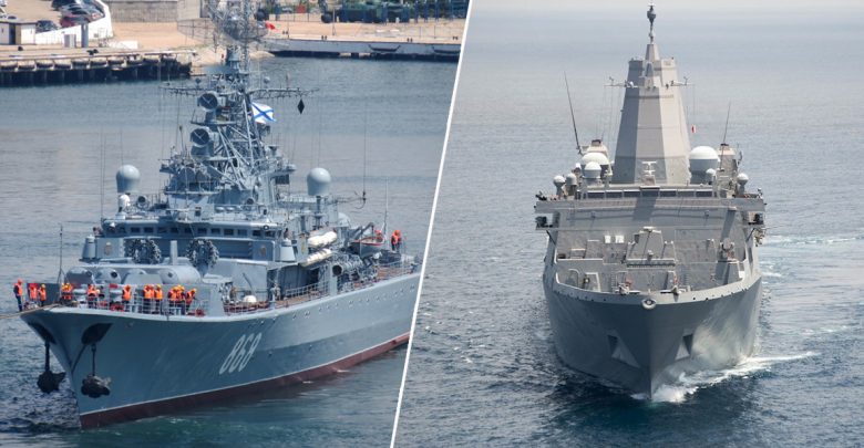 Слева - российский сторожевой корабль "Пытливый". Справа - американский десантный корабль "Форт Макгенри"