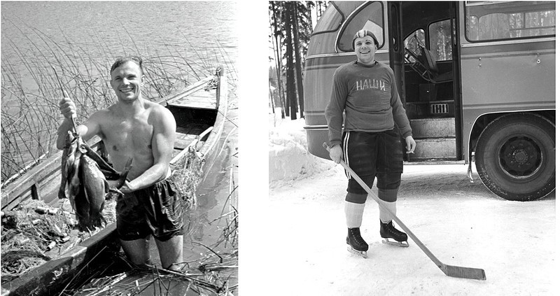Юрий Гагарин на рыбалке и на игре в хоккей