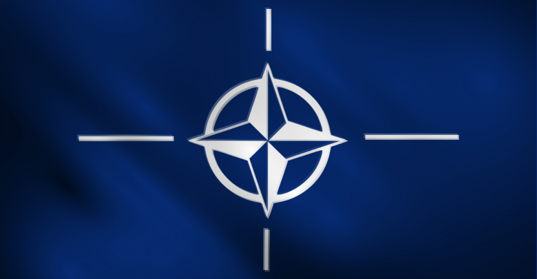 Синее полотнище с белым символом НАТО на