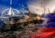 Горящие танки и флаги НАТО и России
